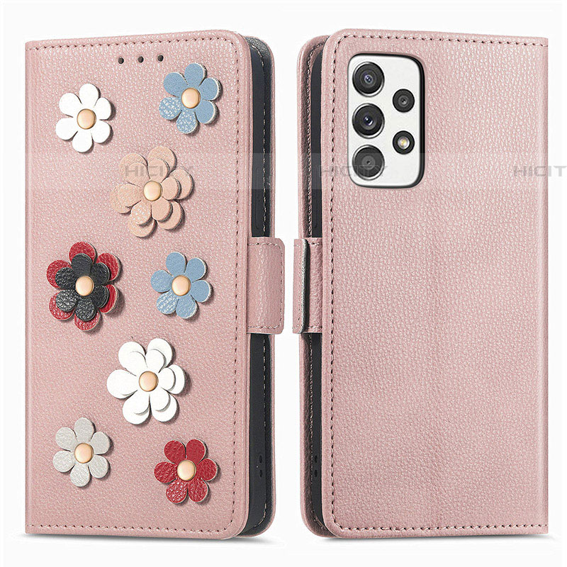 Coque Portefeuille Fleurs Livre Cuir Etui Clapet S02D pour Samsung Galaxy A52 5G Or Rose Plus