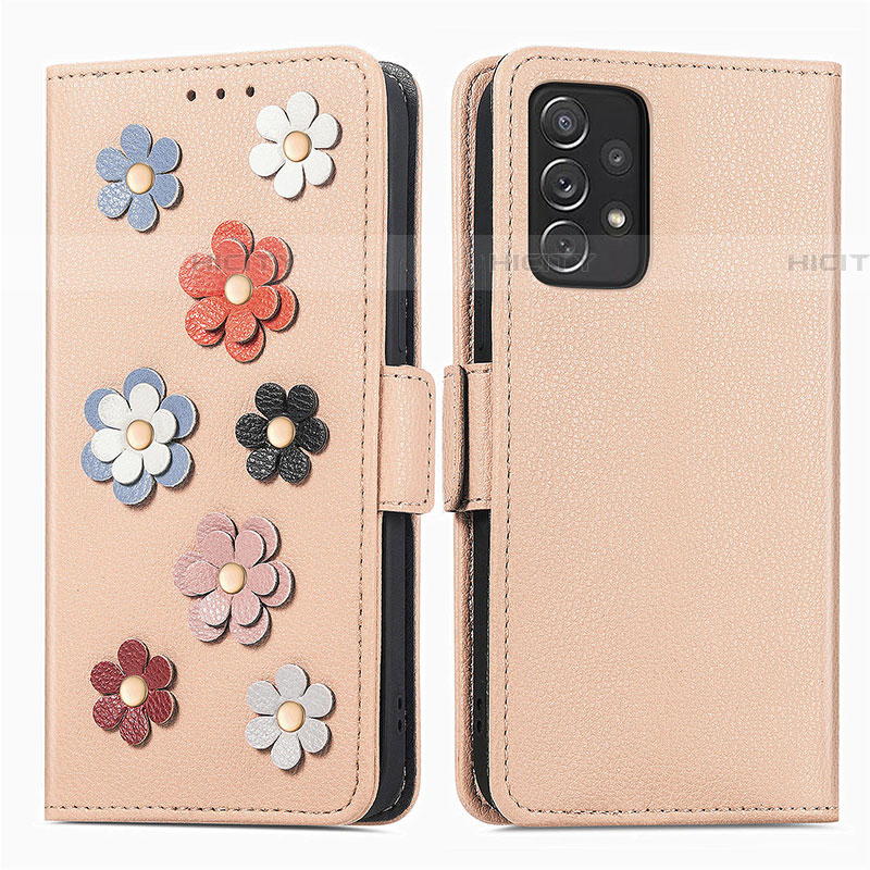 Coque Portefeuille Fleurs Livre Cuir Etui Clapet S02D pour Samsung Galaxy A72 5G Kaki Plus