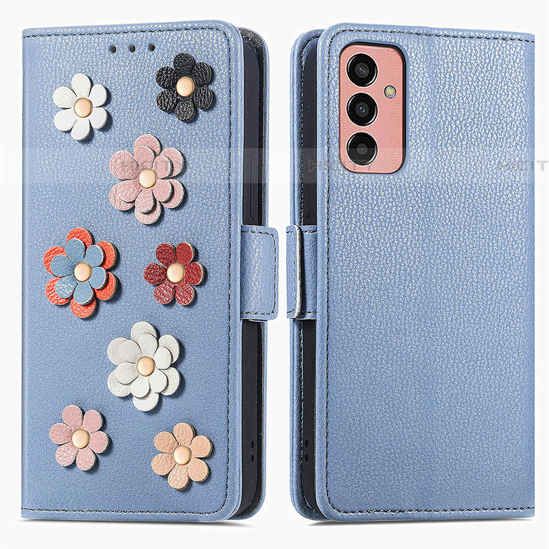 Coque Portefeuille Fleurs Livre Cuir Etui Clapet S02D pour Samsung Galaxy F13 4G Bleu Plus