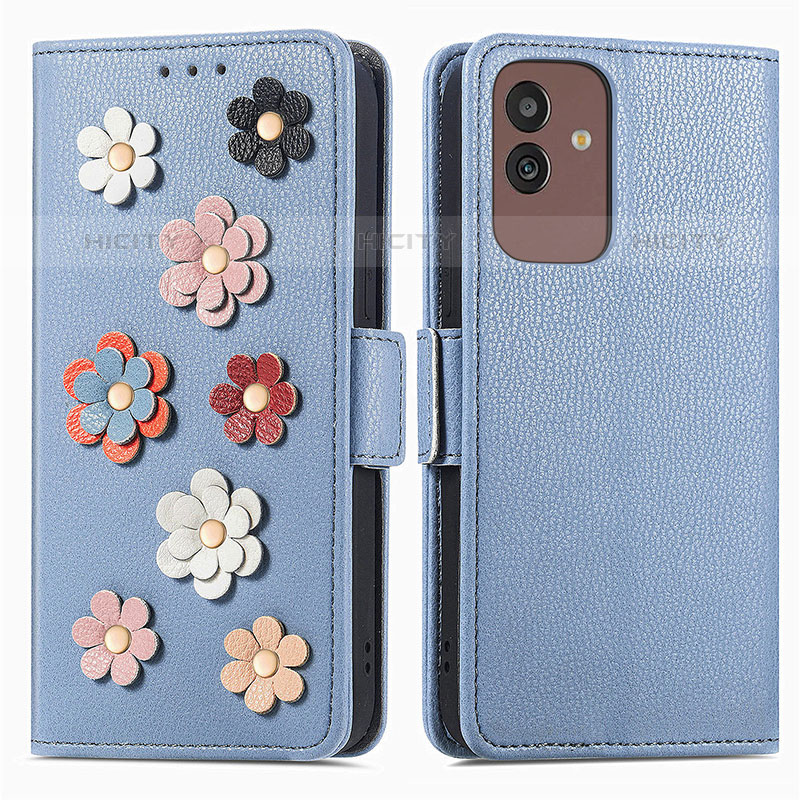 Coque Portefeuille Fleurs Livre Cuir Etui Clapet S02D pour Samsung Galaxy M13 5G Bleu Plus