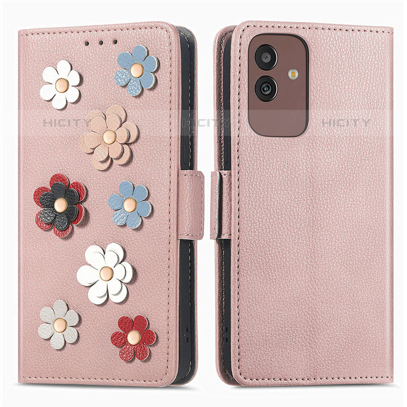 Coque Portefeuille Fleurs Livre Cuir Etui Clapet S02D pour Samsung Galaxy M13 5G Or Rose Plus