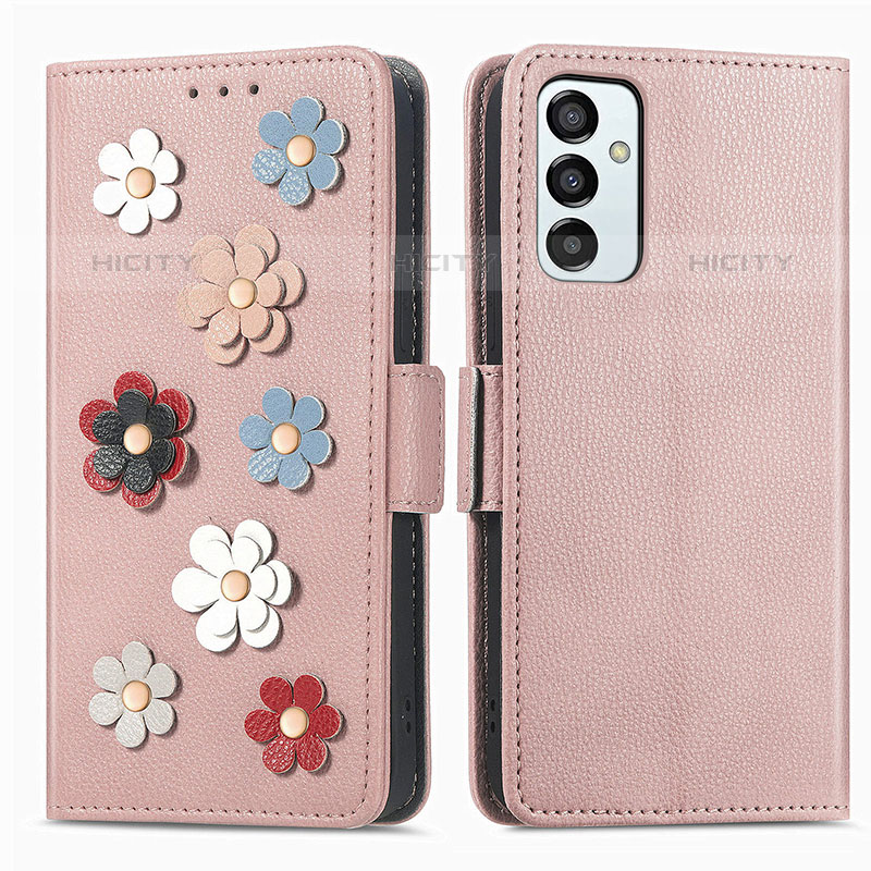 Coque Portefeuille Fleurs Livre Cuir Etui Clapet S02D pour Samsung Galaxy M23 5G Or Rose Plus