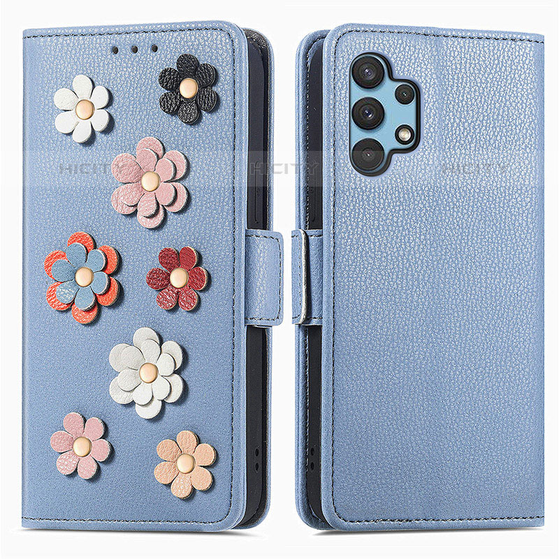 Coque Portefeuille Fleurs Livre Cuir Etui Clapet S02D pour Samsung Galaxy M32 5G Bleu Plus