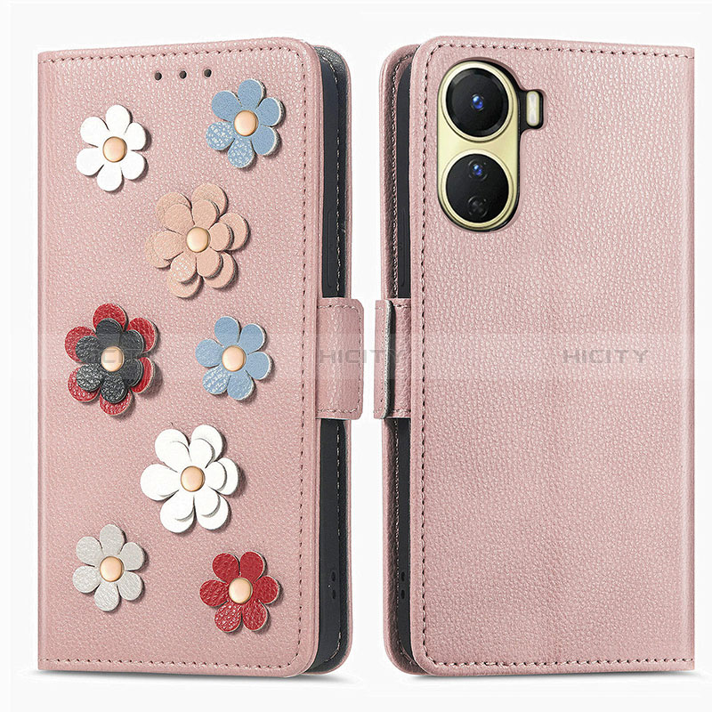 Coque Portefeuille Fleurs Livre Cuir Etui Clapet S02D pour Vivo Y02S Or Rose Plus