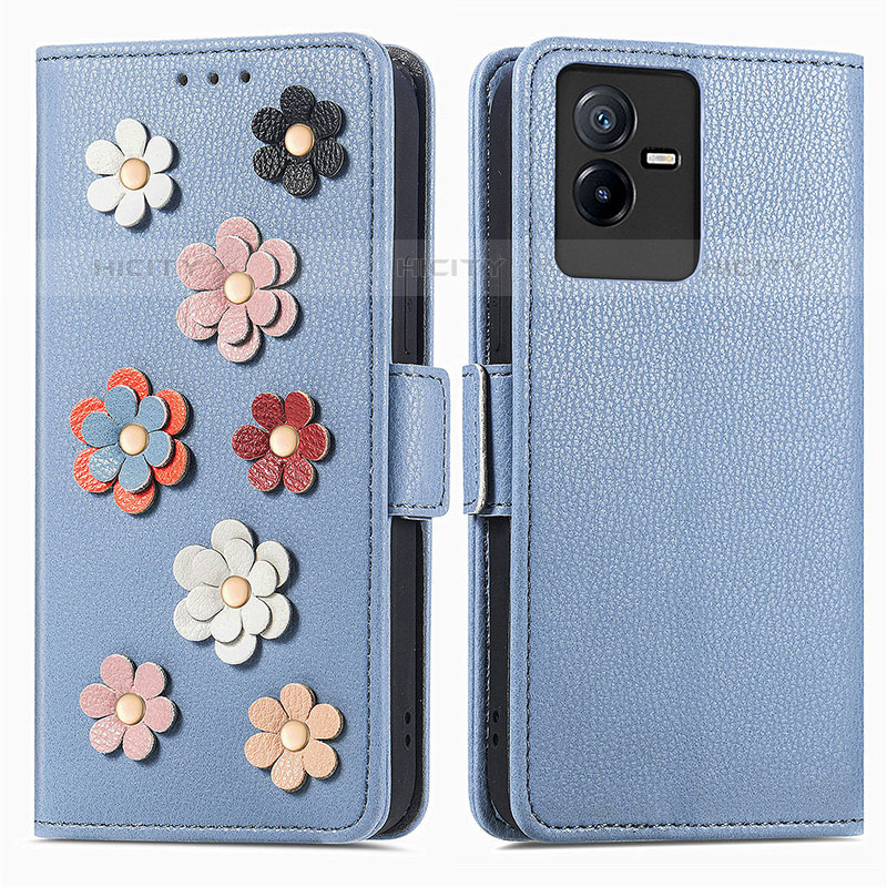 Coque Portefeuille Fleurs Livre Cuir Etui Clapet S02D pour Vivo Y73t Bleu Plus