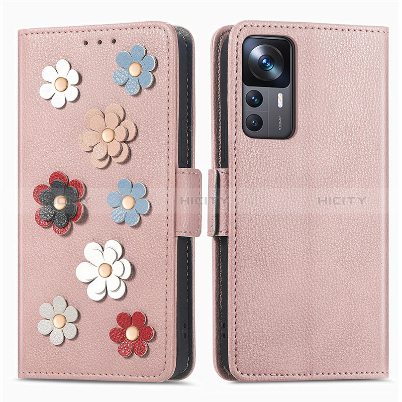 Coque Portefeuille Fleurs Livre Cuir Etui Clapet S02D pour Xiaomi Mi 12T 5G Or Rose Plus