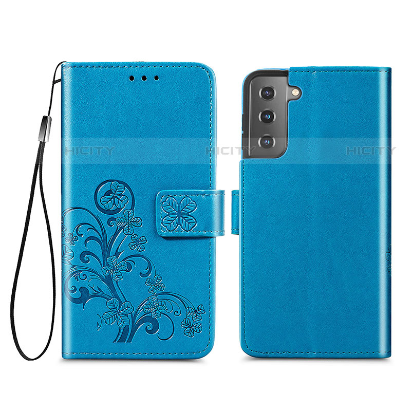 Coque Portefeuille Fleurs Livre Cuir Etui Clapet S03D pour Samsung Galaxy S21 Plus 5G Bleu Plus