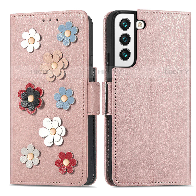 Coque Portefeuille Fleurs Livre Cuir Etui Clapet S04D pour Samsung Galaxy S22 Plus 5G Or Rose Plus