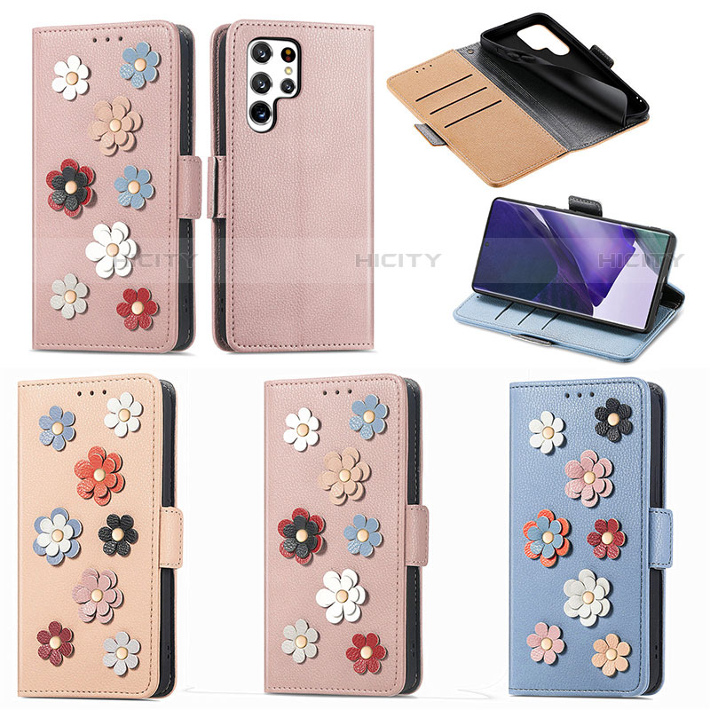 Coque Portefeuille Fleurs Livre Cuir Etui Clapet S04D pour Samsung Galaxy S22 Ultra 5G Plus