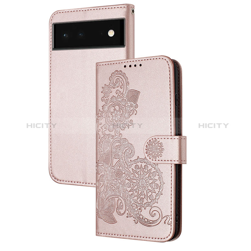 Coque Portefeuille Fleurs Livre Cuir Etui Clapet Y01X pour Google Pixel 6 5G Or Rose Plus