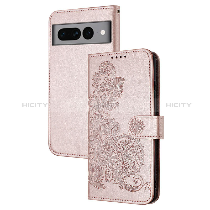 Coque Portefeuille Fleurs Livre Cuir Etui Clapet Y01X pour Google Pixel 7 Pro 5G Or Rose Plus