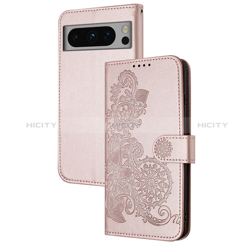 Coque Portefeuille Fleurs Livre Cuir Etui Clapet Y01X pour Google Pixel 8 5G Or Rose Plus