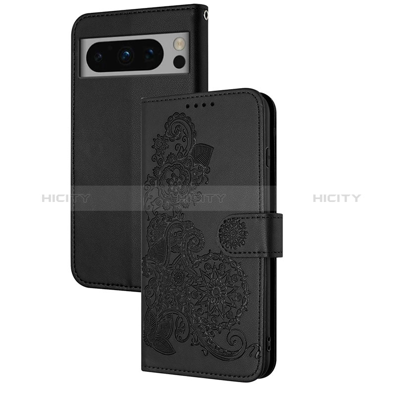 Coque Portefeuille Fleurs Livre Cuir Etui Clapet Y01X pour Google Pixel 8 Pro 5G Noir Plus