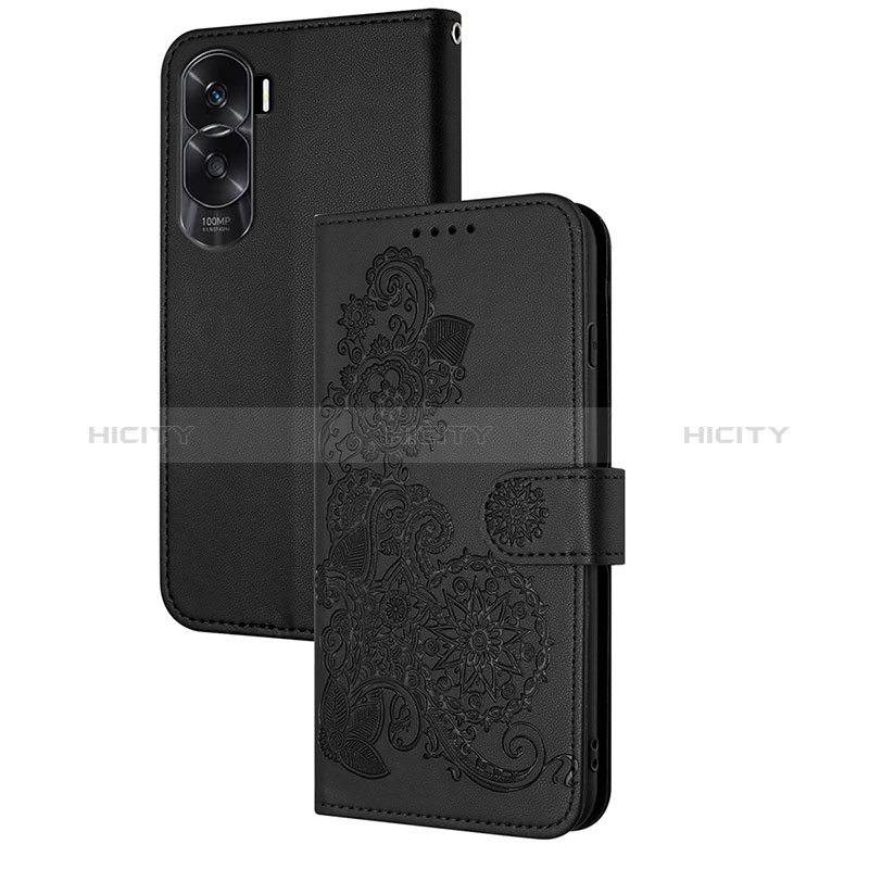 Coque Portefeuille Fleurs Livre Cuir Etui Clapet Y01X pour Huawei Honor 90 Lite 5G Noir Plus