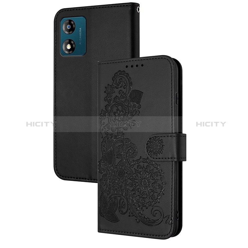 Coque Portefeuille Fleurs Livre Cuir Etui Clapet Y01X pour Motorola Moto E13 Noir Plus