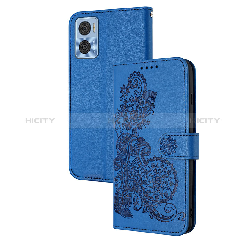 Coque Portefeuille Fleurs Livre Cuir Etui Clapet Y01X pour Motorola Moto E22 Bleu Plus