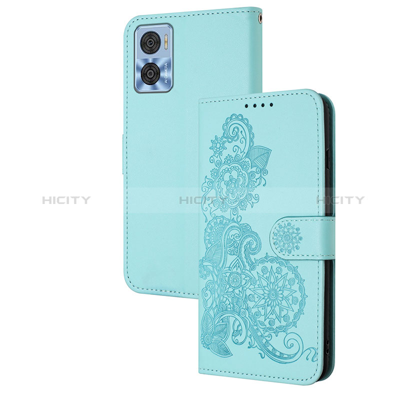 Coque Portefeuille Fleurs Livre Cuir Etui Clapet Y01X pour Motorola Moto E22 Bleu Clair Plus