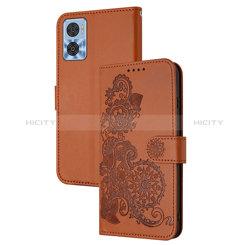 Coque Portefeuille Fleurs Livre Cuir Etui Clapet Y01X pour Motorola Moto E22 Marron Plus