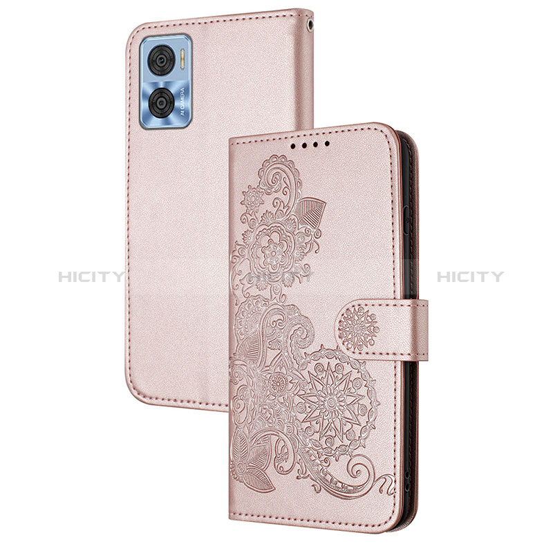 Coque Portefeuille Fleurs Livre Cuir Etui Clapet Y01X pour Motorola Moto E22 Or Rose Plus