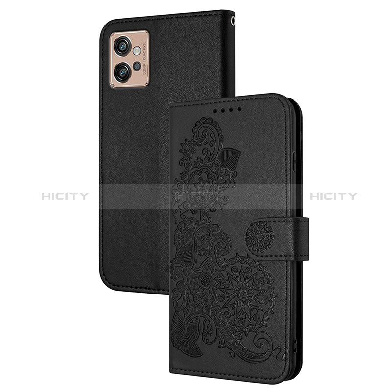 Coque Portefeuille Fleurs Livre Cuir Etui Clapet Y01X pour Motorola Moto G32 Noir Plus