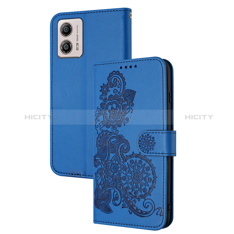 Coque Portefeuille Fleurs Livre Cuir Etui Clapet Y01X pour Motorola Moto G53 5G Bleu Plus