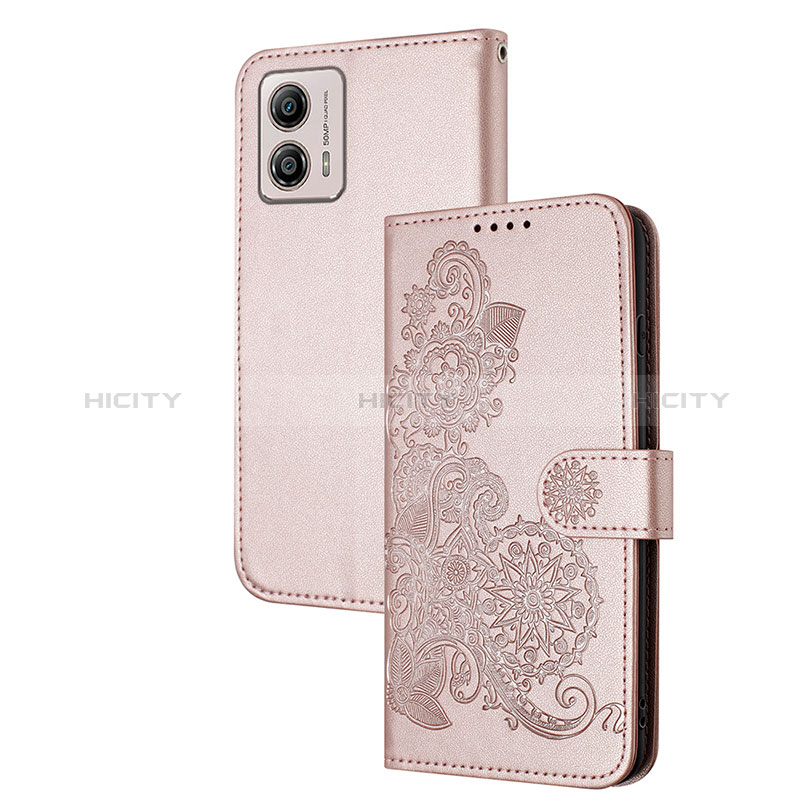 Coque Portefeuille Fleurs Livre Cuir Etui Clapet Y01X pour Motorola Moto G53 5G Or Rose Plus