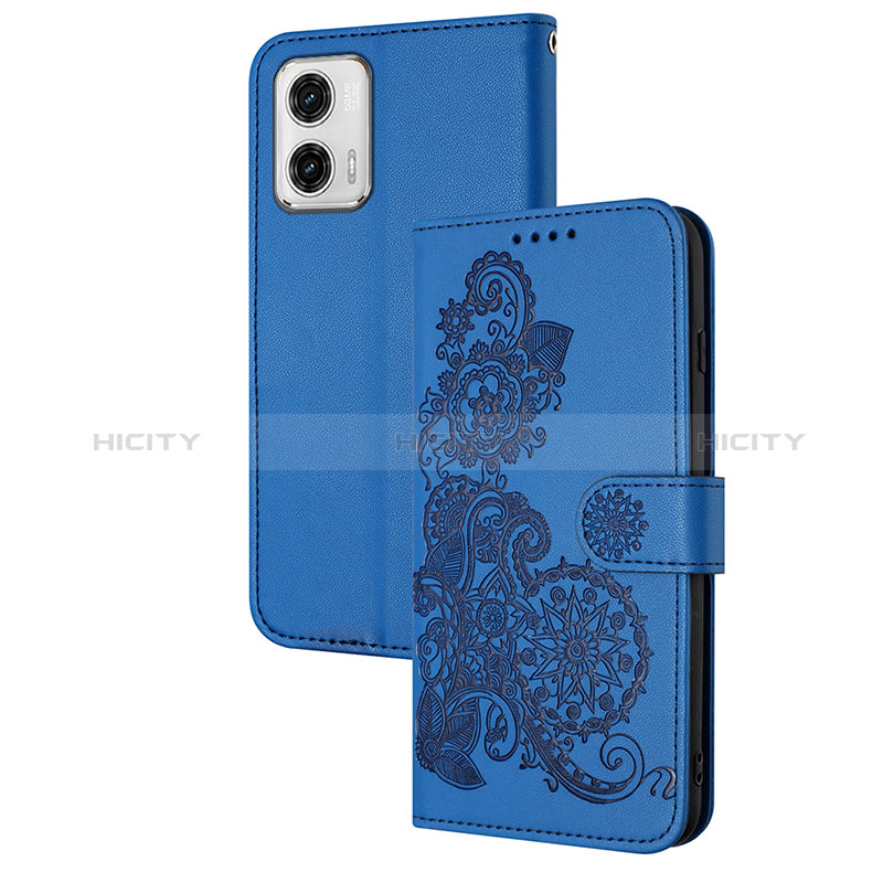 Coque Portefeuille Fleurs Livre Cuir Etui Clapet Y01X pour Motorola Moto G73 5G Bleu Plus