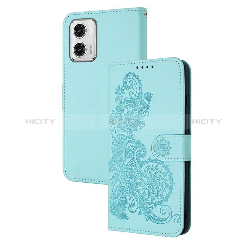 Coque Portefeuille Fleurs Livre Cuir Etui Clapet Y01X pour Motorola Moto G73 5G Bleu Clair Plus