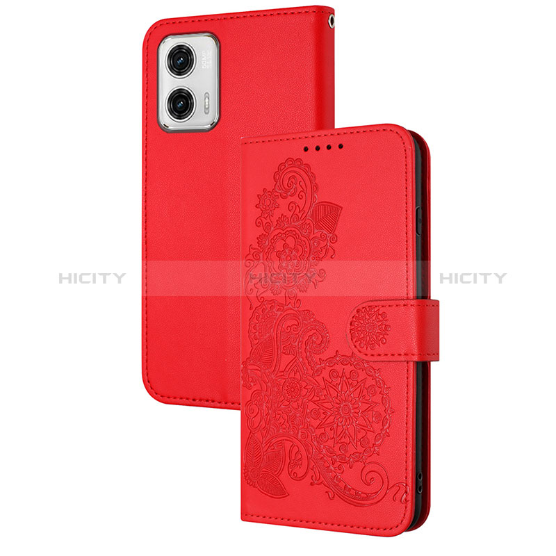 Coque Portefeuille Fleurs Livre Cuir Etui Clapet Y01X pour Motorola Moto G73 5G Rouge Plus