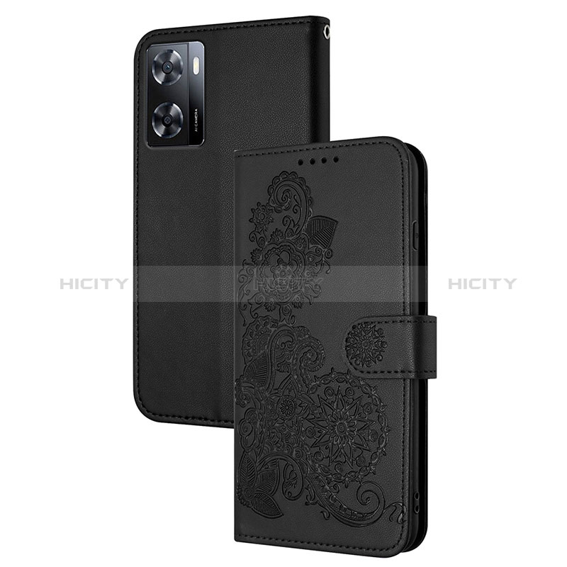 Coque Portefeuille Fleurs Livre Cuir Etui Clapet Y01X pour Oppo A57 4G Noir Plus