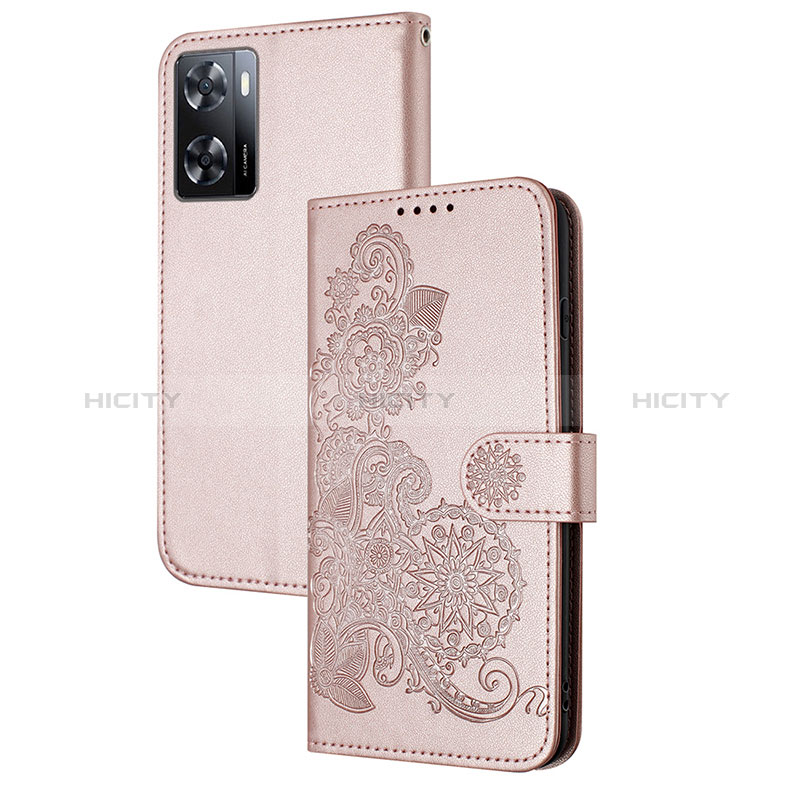 Coque Portefeuille Fleurs Livre Cuir Etui Clapet Y01X pour Oppo A77 4G Or Rose Plus