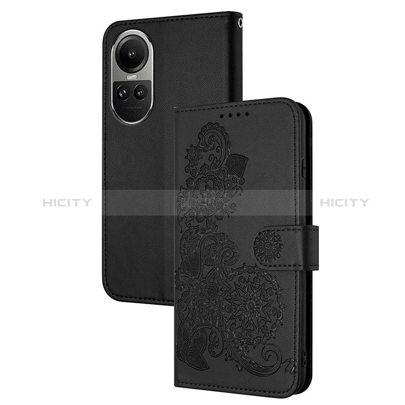 Coque Portefeuille Fleurs Livre Cuir Etui Clapet Y01X pour Oppo Reno10 5G Noir Plus