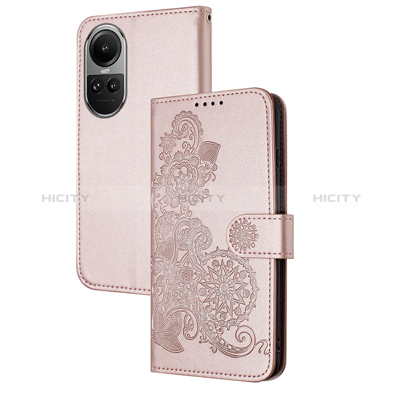 Coque Portefeuille Fleurs Livre Cuir Etui Clapet Y01X pour Oppo Reno10 5G Or Rose Plus