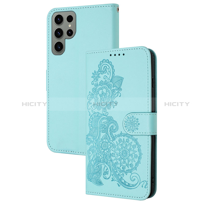 Coque Portefeuille Fleurs Livre Cuir Etui Clapet Y01X pour Samsung Galaxy S22 Ultra 5G Bleu Clair Plus