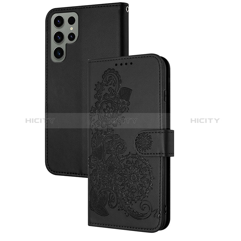 Coque Portefeuille Fleurs Livre Cuir Etui Clapet Y01X pour Samsung Galaxy S23 Ultra 5G Noir Plus