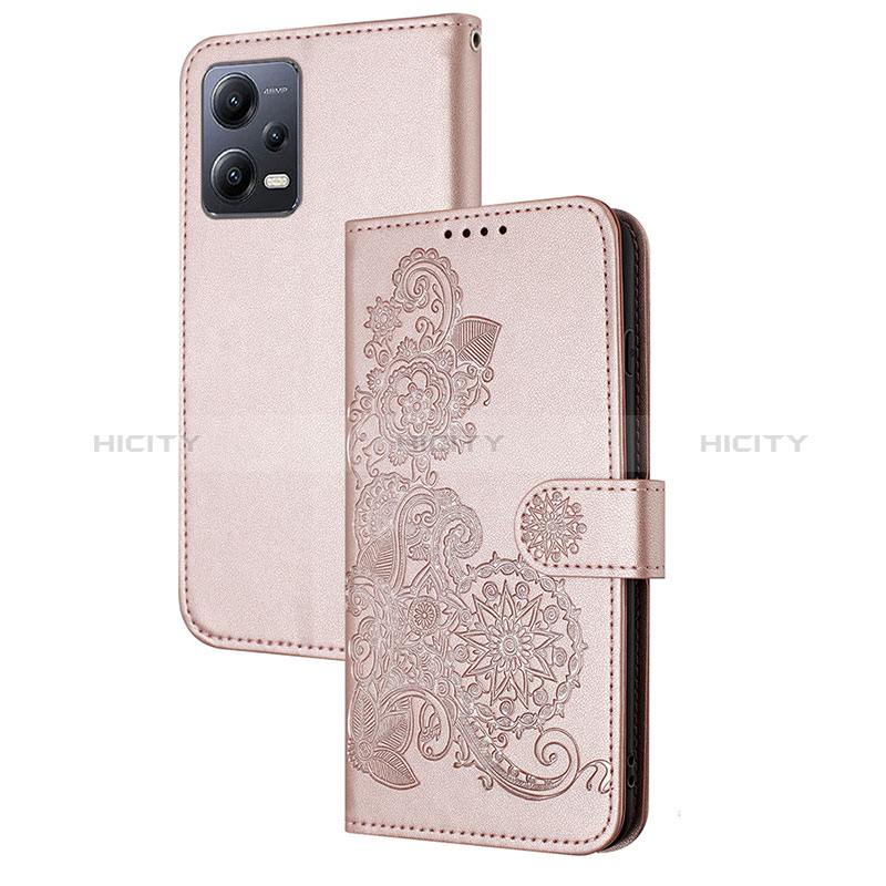 Coque Portefeuille Fleurs Livre Cuir Etui Clapet Y01X pour Xiaomi Redmi Note 12 5G Or Rose Plus