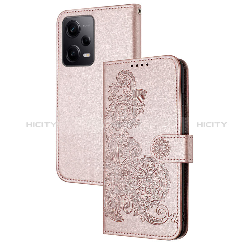 Coque Portefeuille Fleurs Livre Cuir Etui Clapet Y01X pour Xiaomi Redmi Note 12 Pro 5G Or Rose Plus