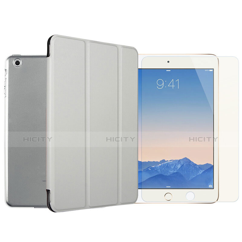 Coque Portefeuille Livre Cuir et Verre Trempe Protecteur d'Ecran pour Apple iPad Mini 2 Argent Plus