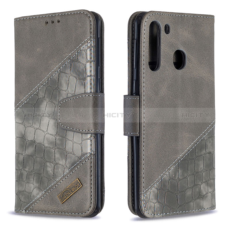 Coque Portefeuille Livre Cuir Etui Clapet B03F pour Samsung Galaxy A21 Gris Fonce Plus