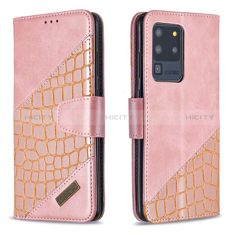 Coque Portefeuille Livre Cuir Etui Clapet B03F pour Samsung Galaxy S20 Ultra 5G Or Rose Plus