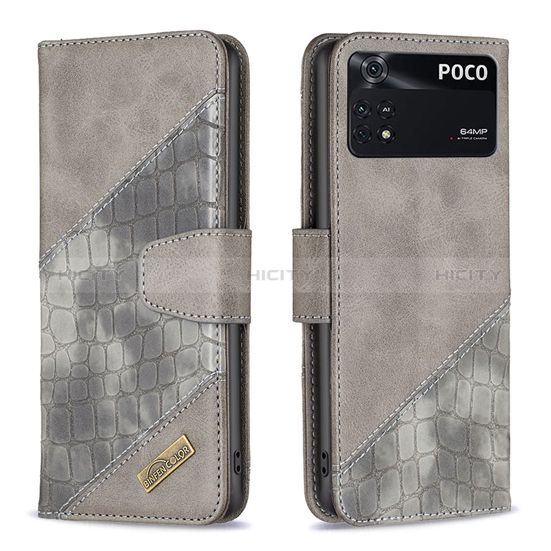 Coque Portefeuille Livre Cuir Etui Clapet B03F pour Xiaomi Poco M4 Pro 4G Gris Fonce Plus