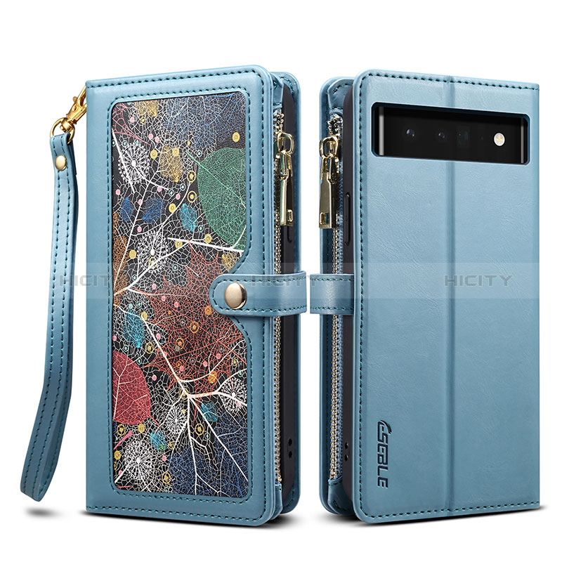 Coque Portefeuille Livre Cuir Etui Clapet B04S pour Google Pixel 6 Pro 5G Bleu Plus