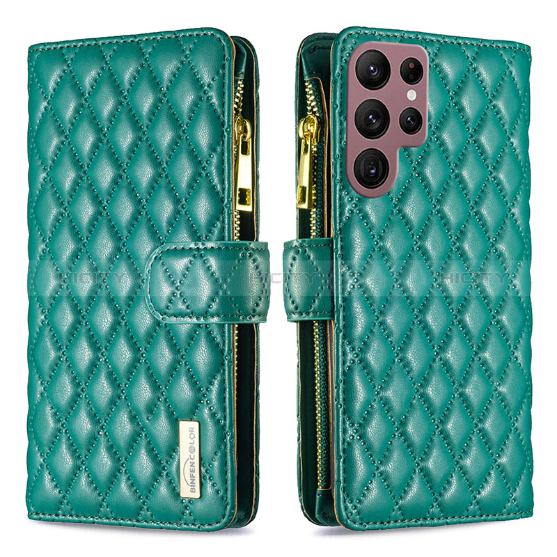 Coque Portefeuille Livre Cuir Etui Clapet BF1 pour Samsung Galaxy S22 Ultra 5G Vert Plus