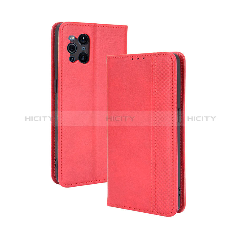 Coque Portefeuille Livre Cuir Etui Clapet BY4 pour Oppo Find X3 5G Rouge Plus