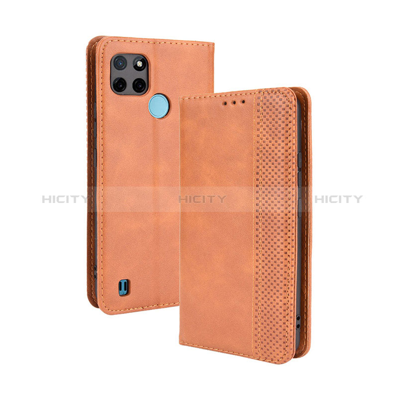 Coque Portefeuille Livre Cuir Etui Clapet BY4 pour Realme C21Y Marron Plus