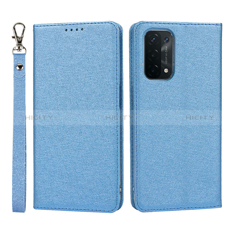 Coque Portefeuille Livre Cuir Etui Clapet D01T pour Oppo A74 5G Bleu Plus