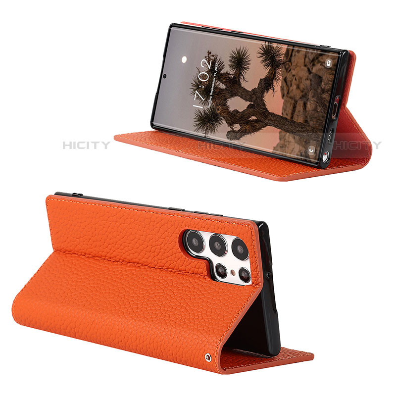 Coque Portefeuille Livre Cuir Etui Clapet D02T pour Samsung Galaxy S23 Ultra 5G Orange Plus