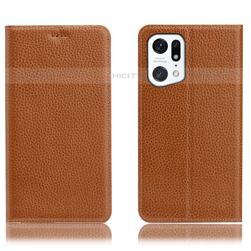 Coque Portefeuille Livre Cuir Etui Clapet H02P pour Oppo Find X5 Pro 5G Brun Clair Plus