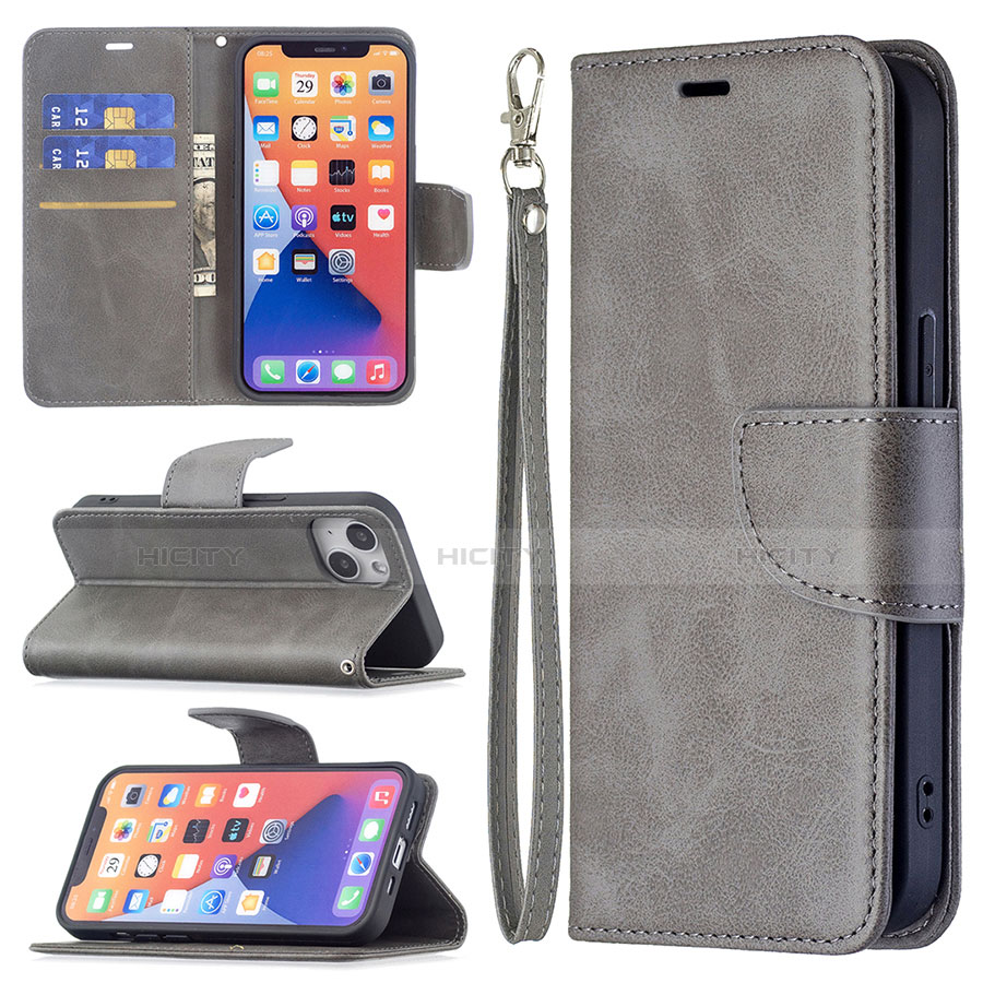 Coque Portefeuille Livre Cuir Etui Clapet L01 pour Apple iPhone 13 Gris Plus