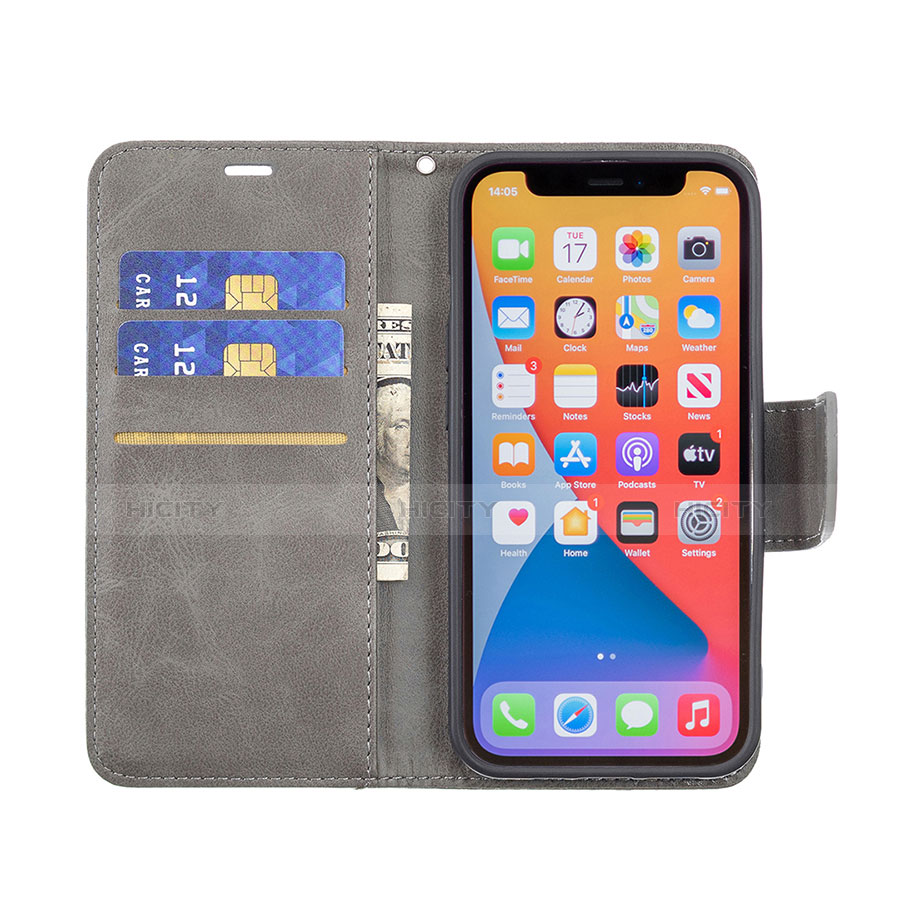 Coque Portefeuille Livre Cuir Etui Clapet L01 pour Apple iPhone 13 Pro Gris Fonce Plus